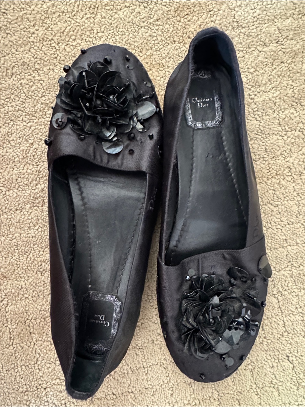 Dior Black Satin Floral Embellished Ballet Flats